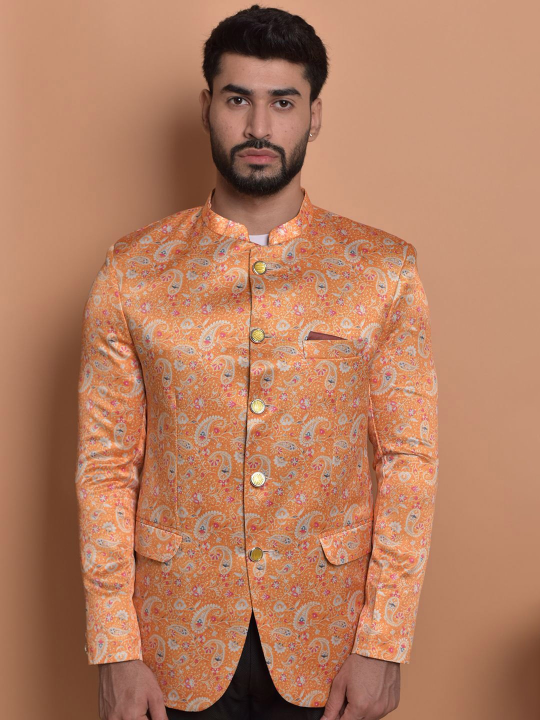 

PRINTCULTR Paisley Printed Mandarin Collar Bandhgala Blazers, Orange