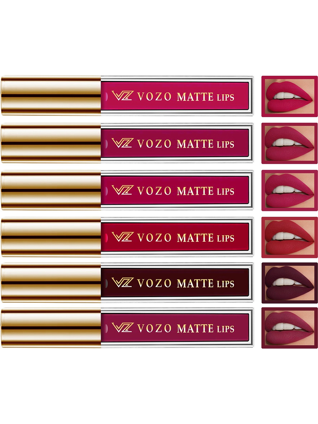 

VOZO Set of 6 Velvety Smooth Matte Liquid Lipstick - 4 ml Each - 101-102-104-105-106-204, Red