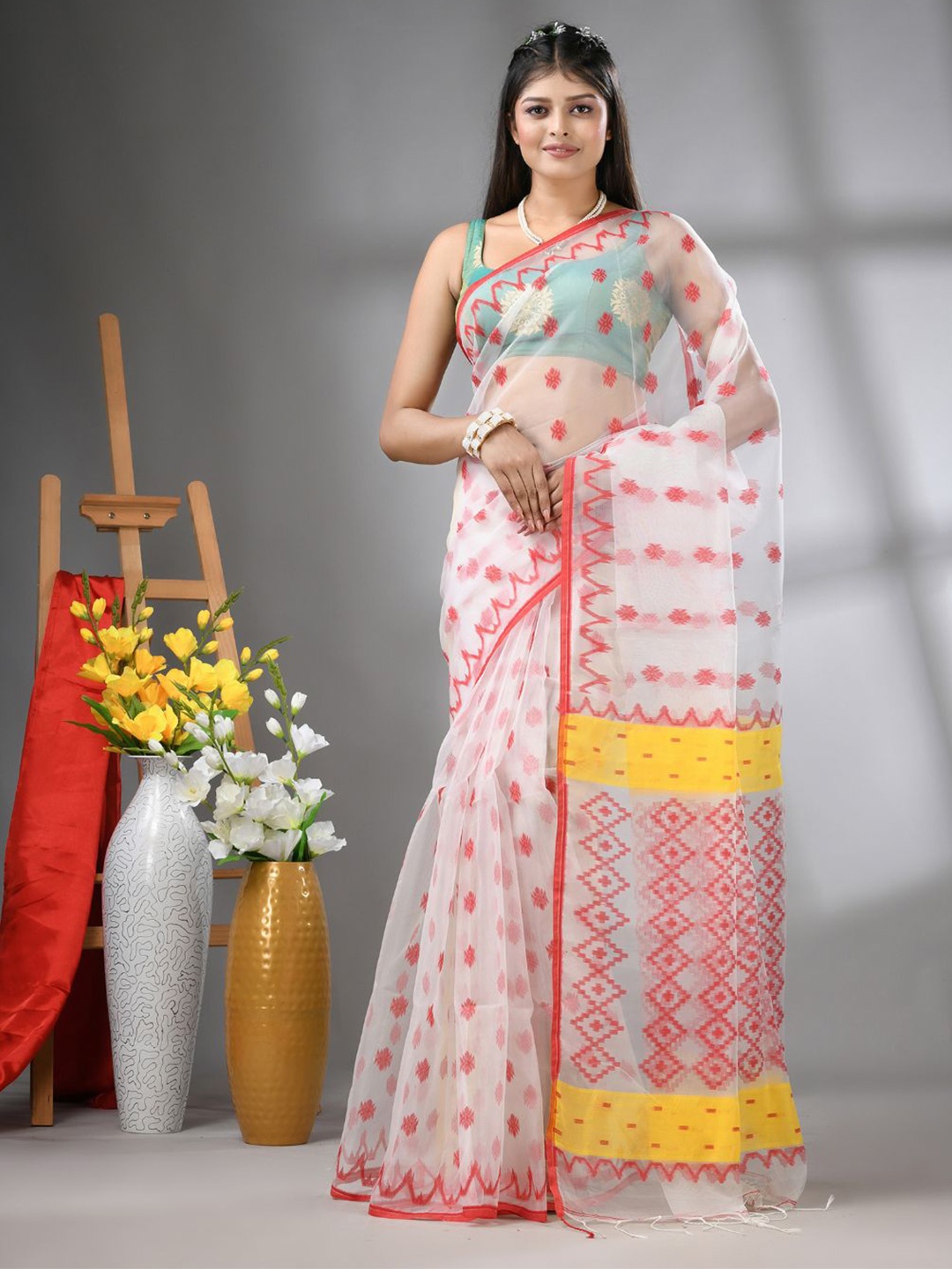 

Charukriti Ethnic Motifs Pure Silk Saree, White