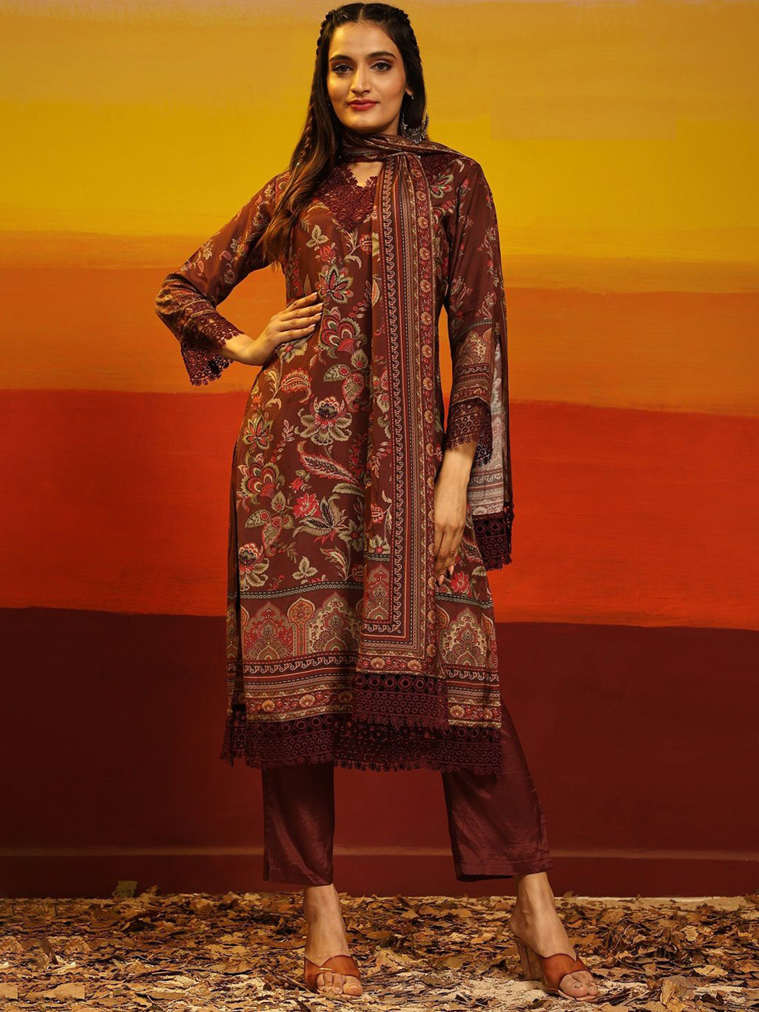 

JIVORA Floral Printed V-Neck Pure Silk Straight Kurta with Trousers & Dupatta, Maroon