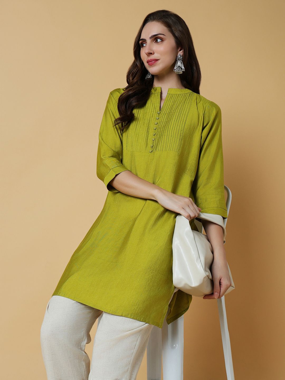 

SHOWOFF Mandarin Neck Straight Kurti, Green