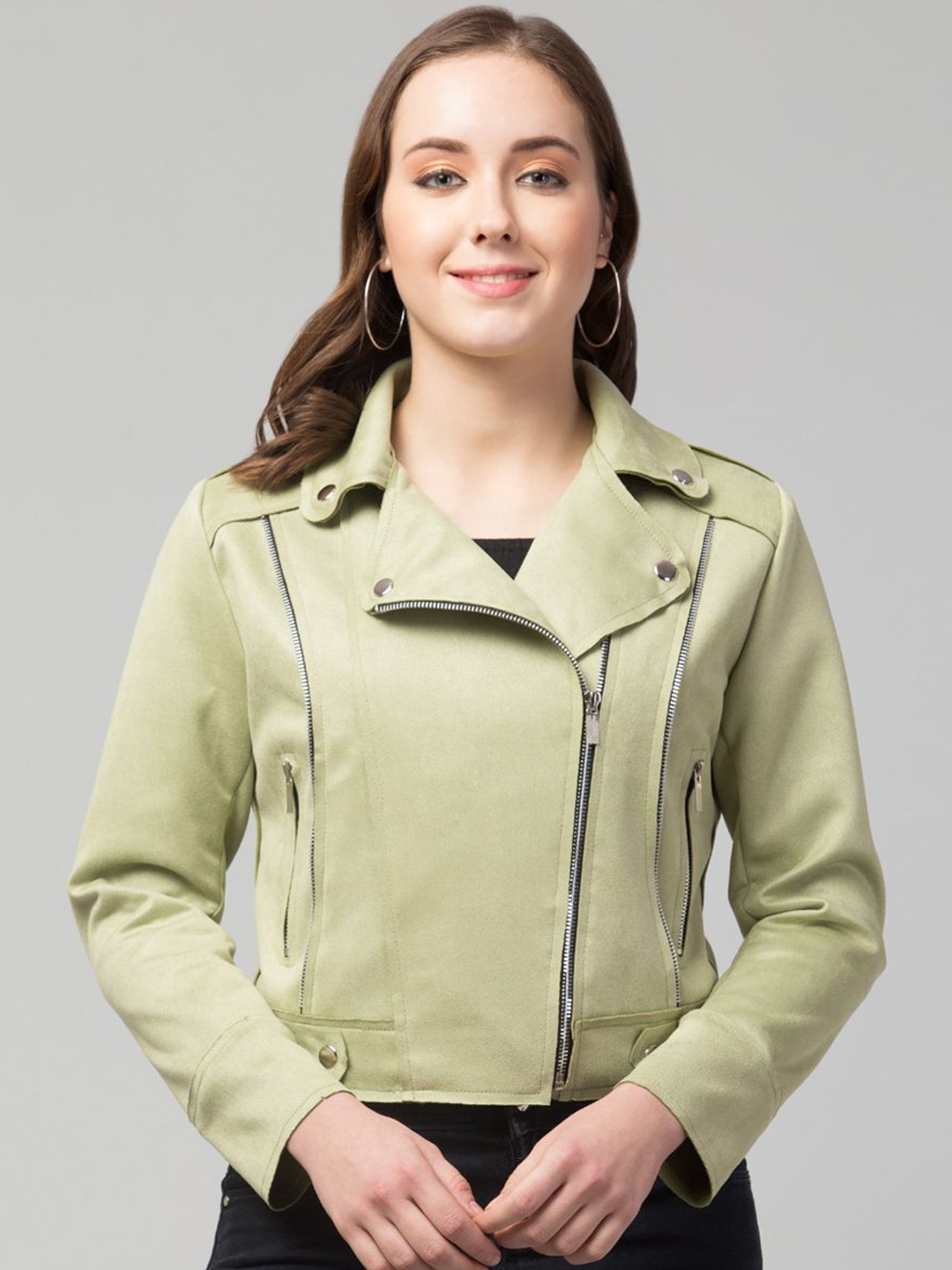 

GalaxyTrendz Women Suede Windcheater Crop Tailored Jacket, Olive
