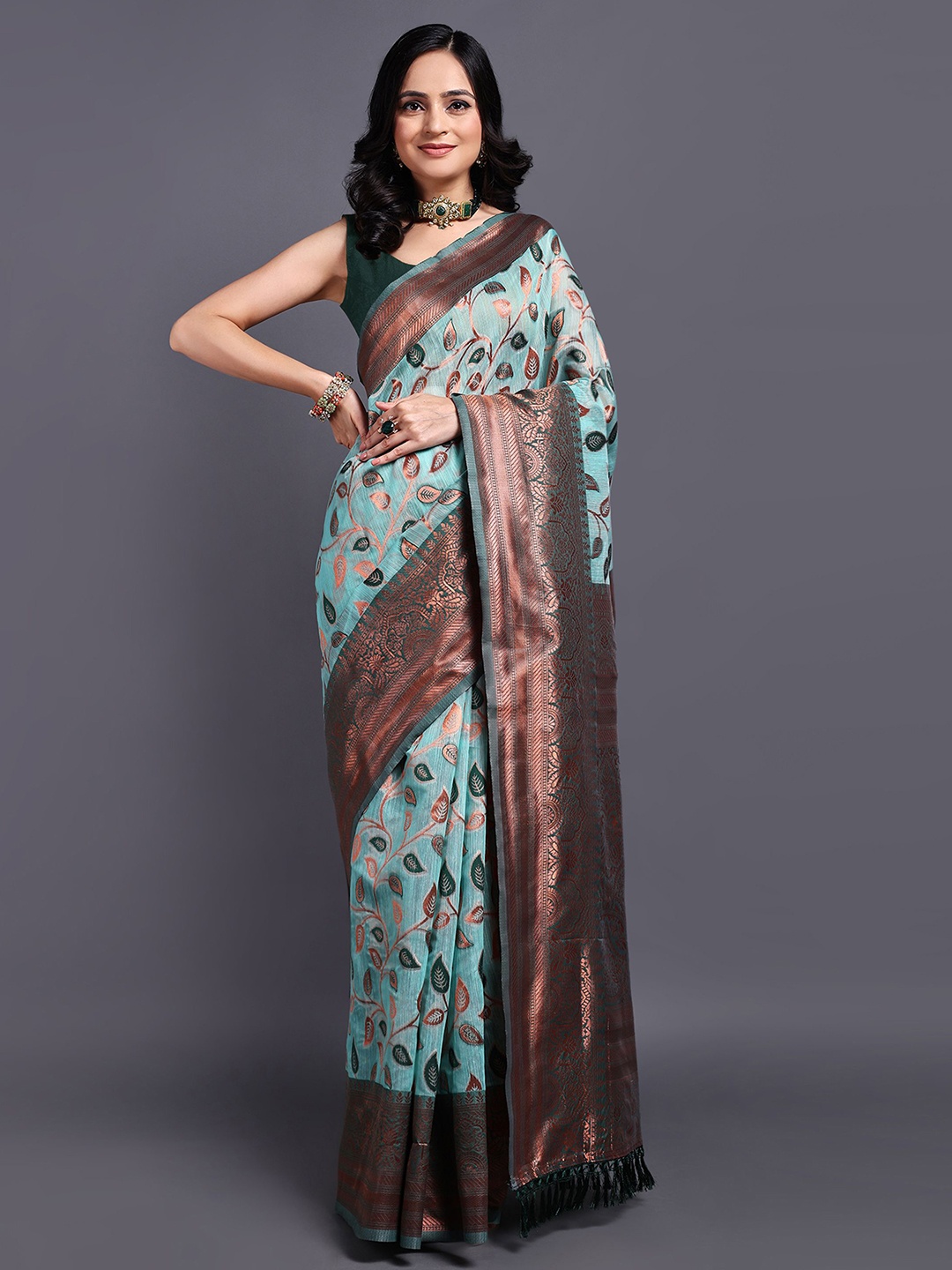

SWAMI STUDIO Floral Zari Pure Cotton Kanjeevaram Saree, Blue