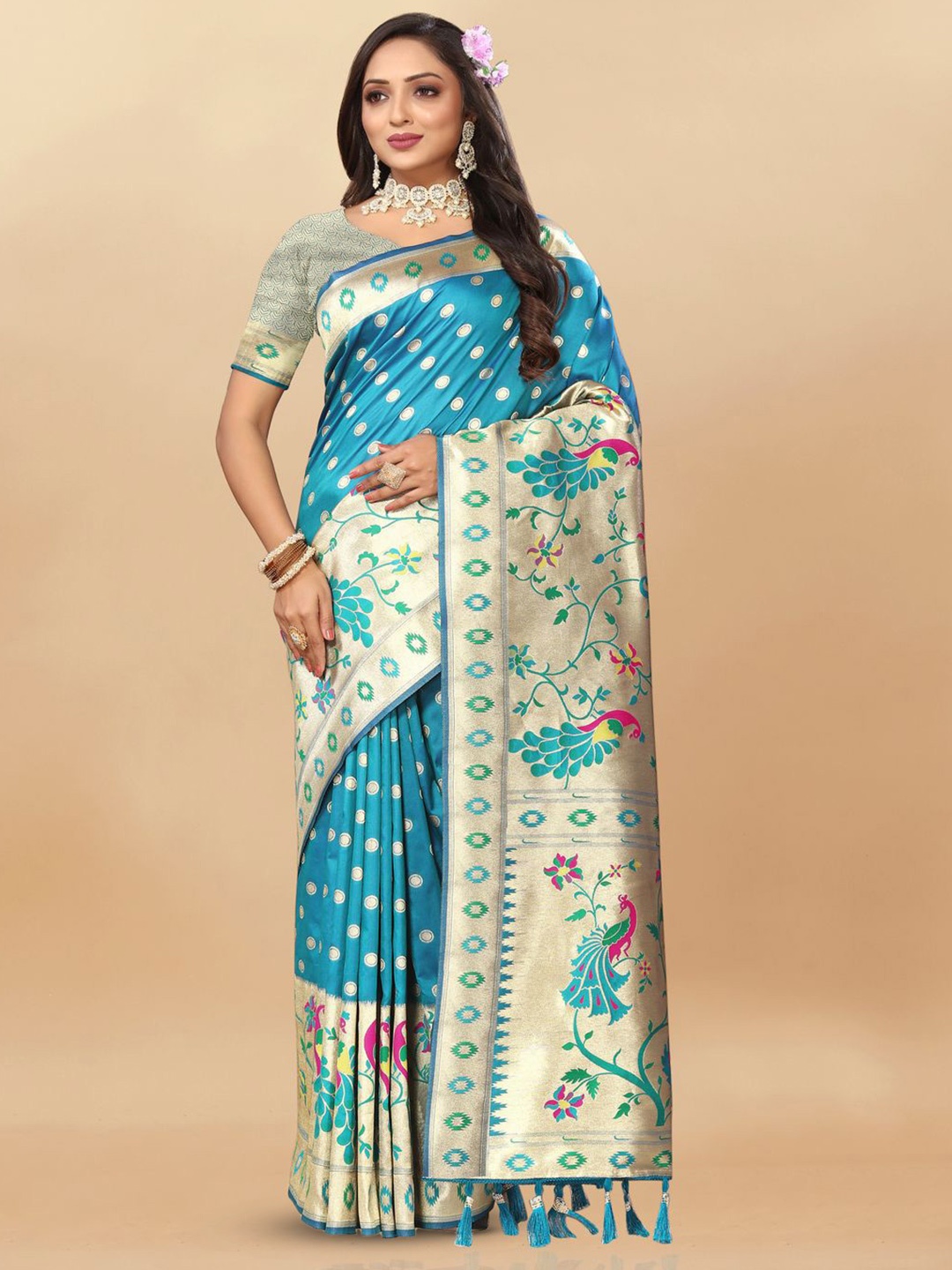 

MOKSHA DESIGNS Ethnic Motifs Zari Pure Silk Paithani Saree, Blue