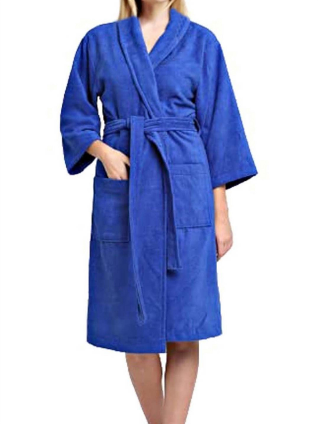 

BOMBAY DYEING Blue Pure Cotton Three Quarter Sleeve Bath Robe With Waist Belt