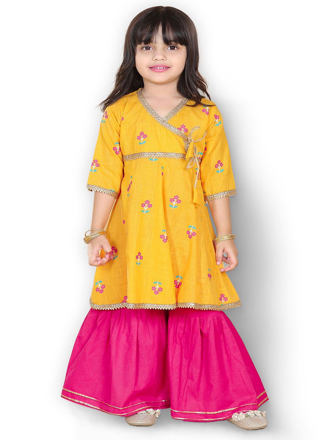 

BAESD Girls Floral Printed Pure Cotton Angrakha Kurta With Sharara, Yellow