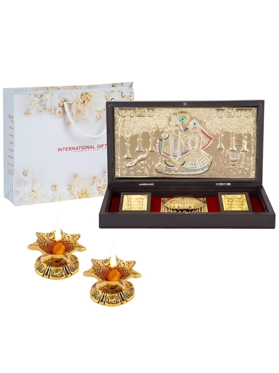 

INTERNATIONAL GIFT Gold-Toned Radha Krishna Charan Paduka With Diyas