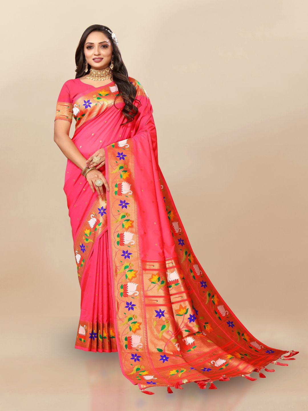 

MOKSHA DESIGNS Ethnic Motifs Zari Pure Silk Paithani Saree, Pink