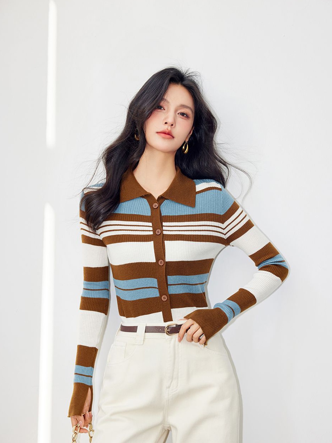 

JC Collection Women Striped Cardigan, Brown