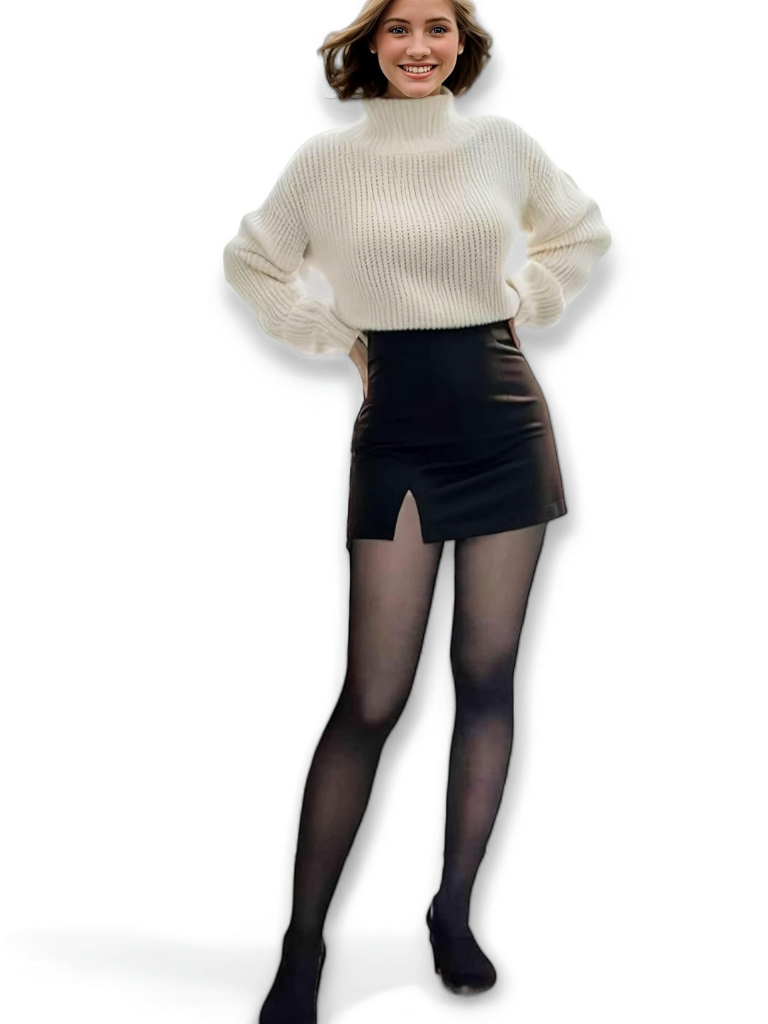 

Hill Islands Semi Sheer Translucent Pantyhose DualTone Stockings, Black