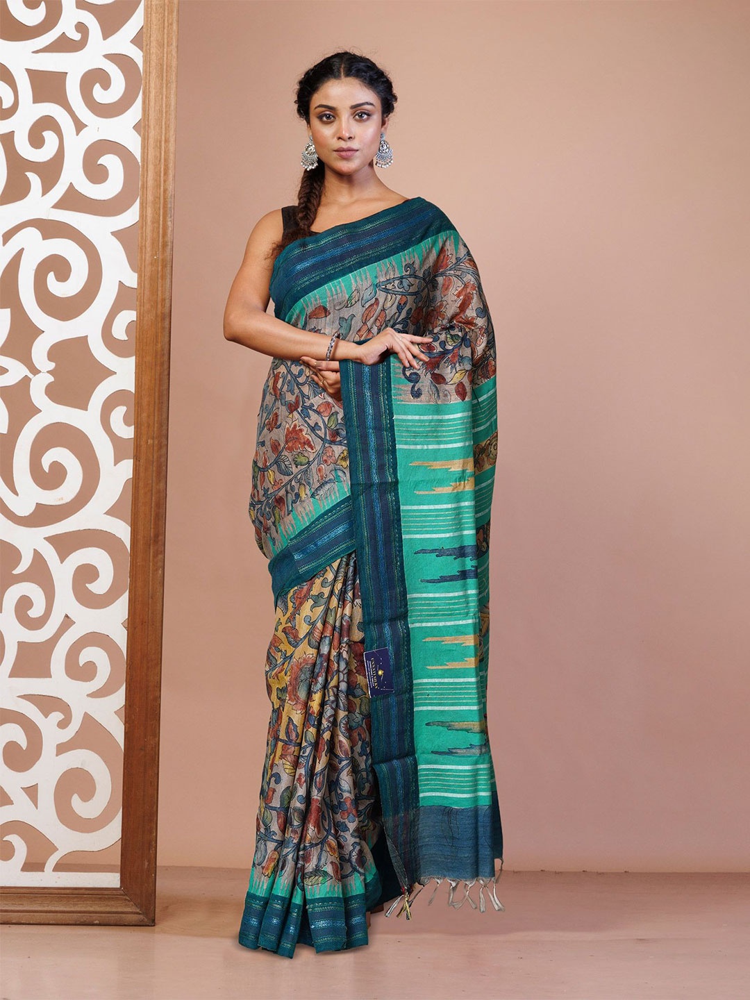 

Unnati Silks Kalamkari Pure Silk Handloom Tussar Saree, Brown