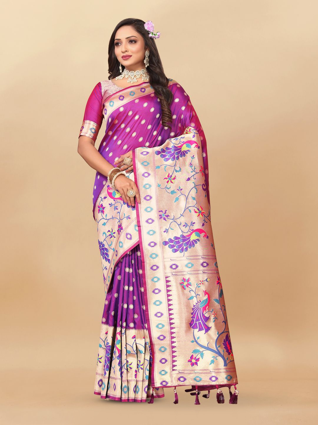 

MOKSHA DESIGNS Ethnic Motifs Zari Pure Silk Paithani Saree, Purple
