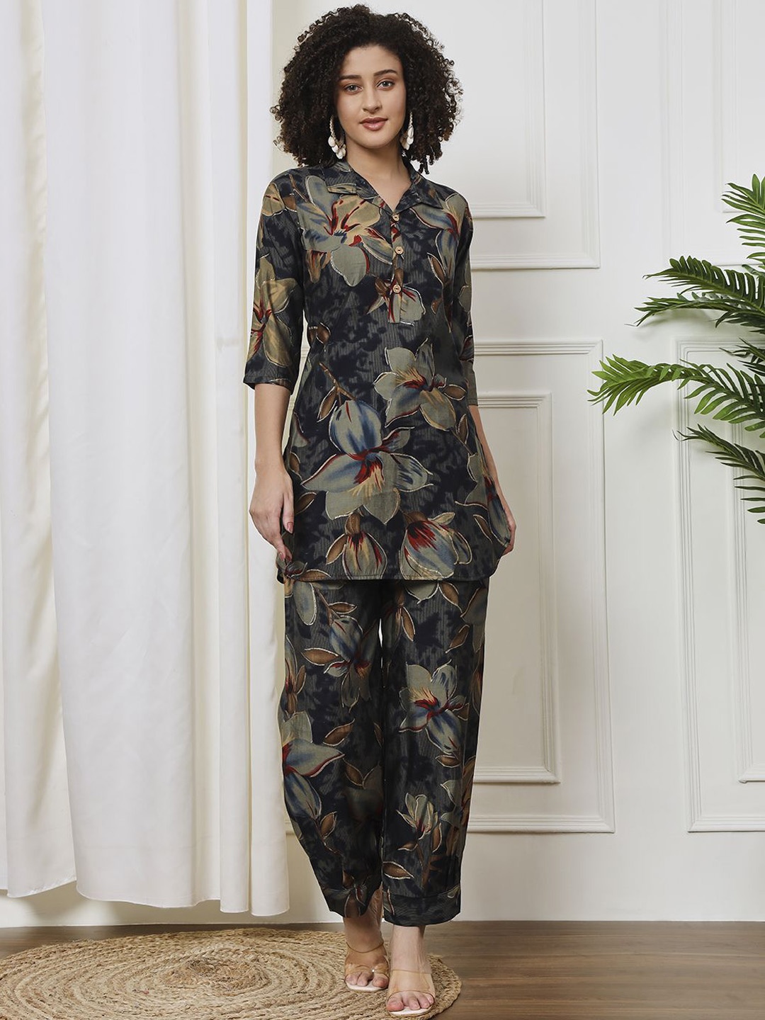 

CARTYSHOP Floral Printed Shirt Collar Tunic & Trousers, Navy blue