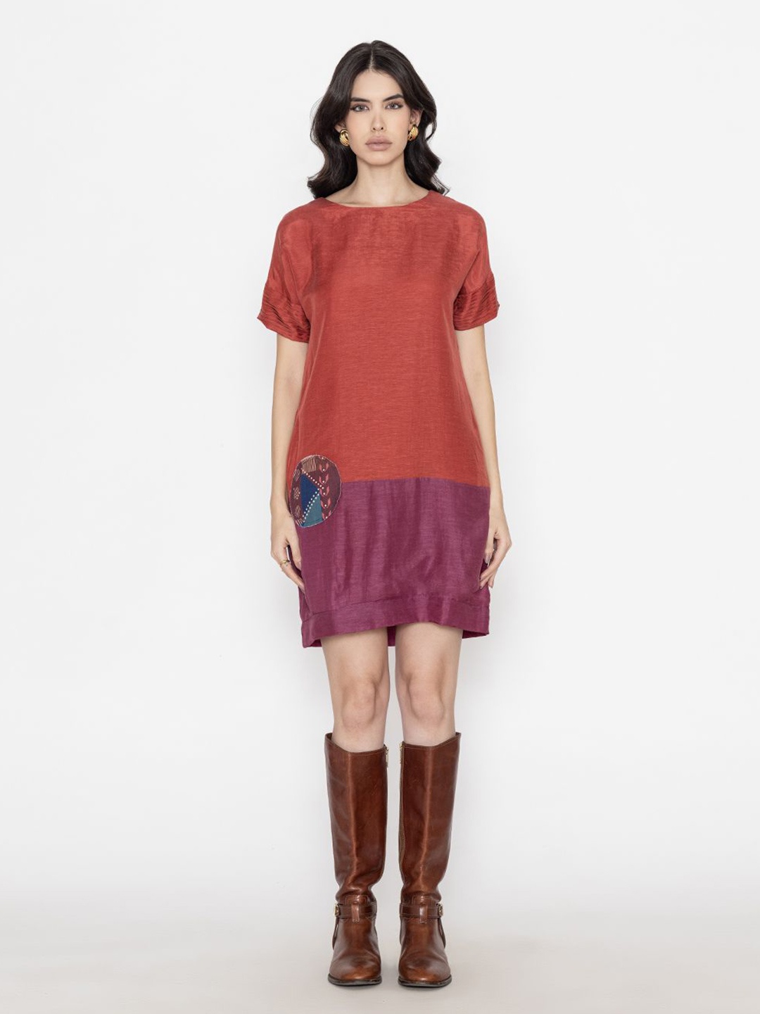 

Contemponari Floral Colourblocked Linen A-Line Dress, Red