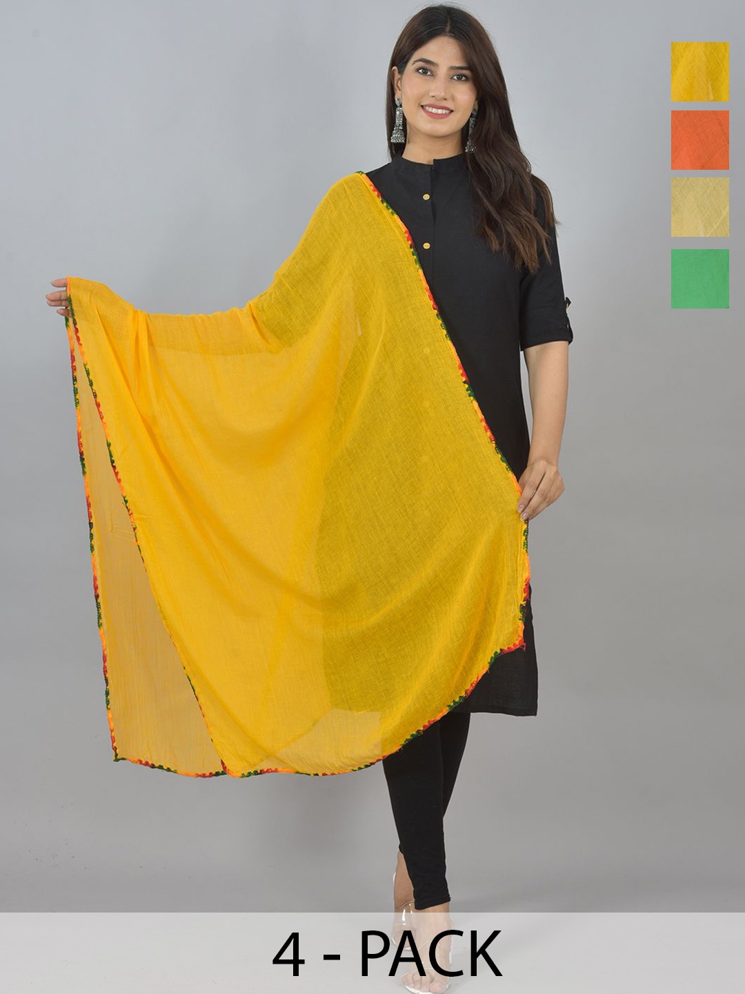 

LA FEMINAE Pack Of 4 Pure Cotton Dupatta, Yellow