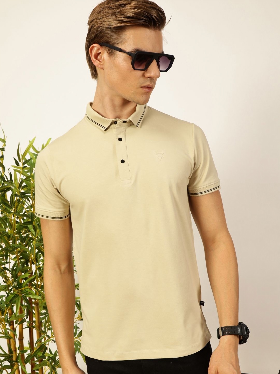 

Thomas Scott Men Solid Polo Collar Cotton T-shirt, Beige