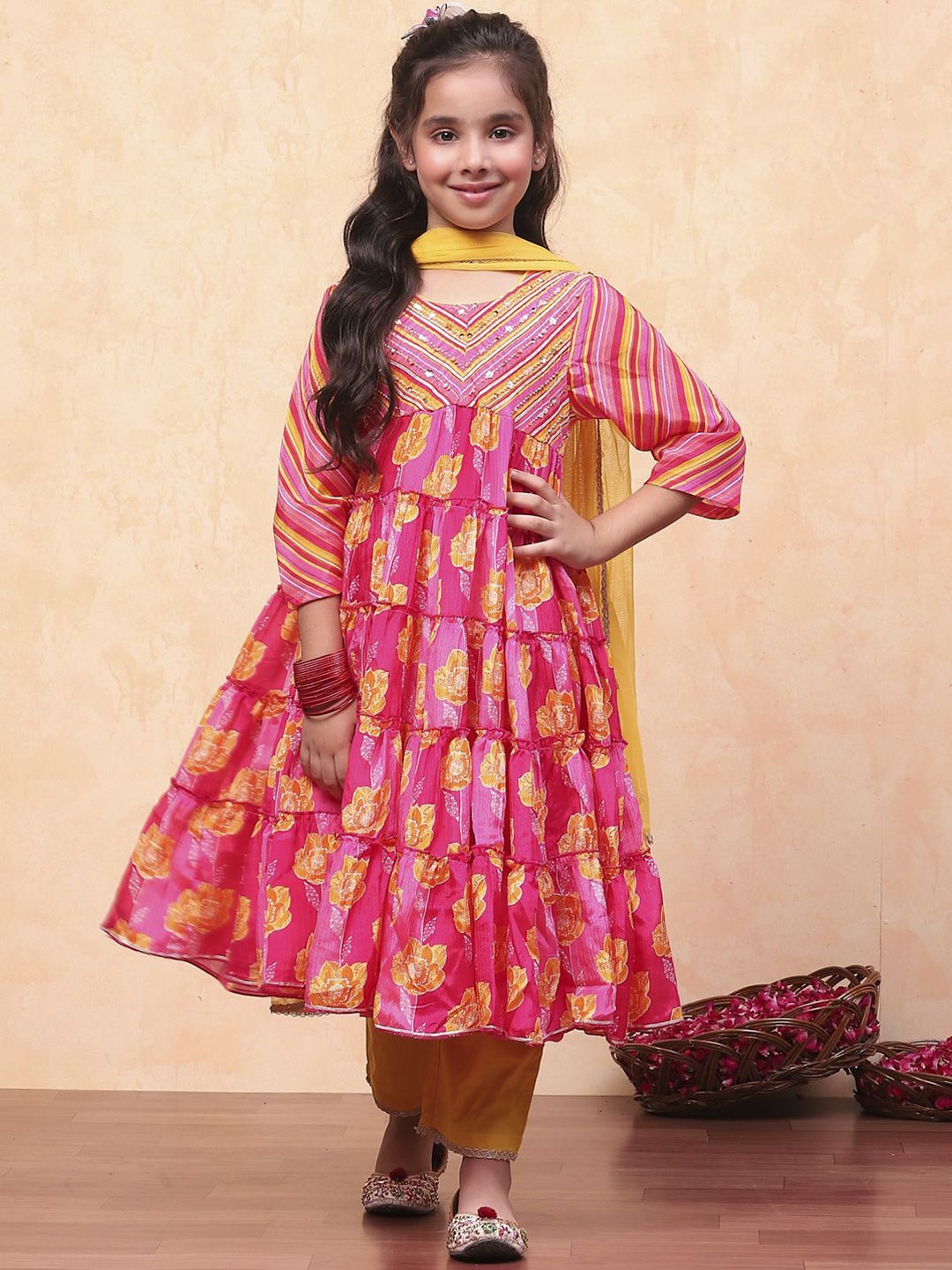 

Biba Girls Floral Printed Round Neck Anarkali Kurta with Palazzos & Dupatta, Pink