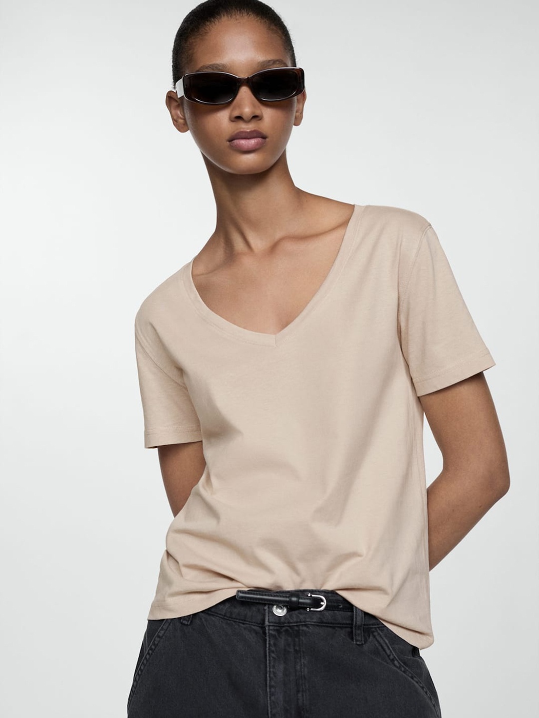 

MANGO V-Neck Pure Cotton T-shirt, Beige