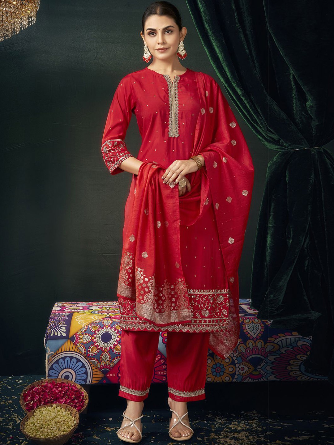 

SKYLEE Red Ethnic Motifs Embroidered Notch Nech Zari Kurta With Trousers & Dupatta
