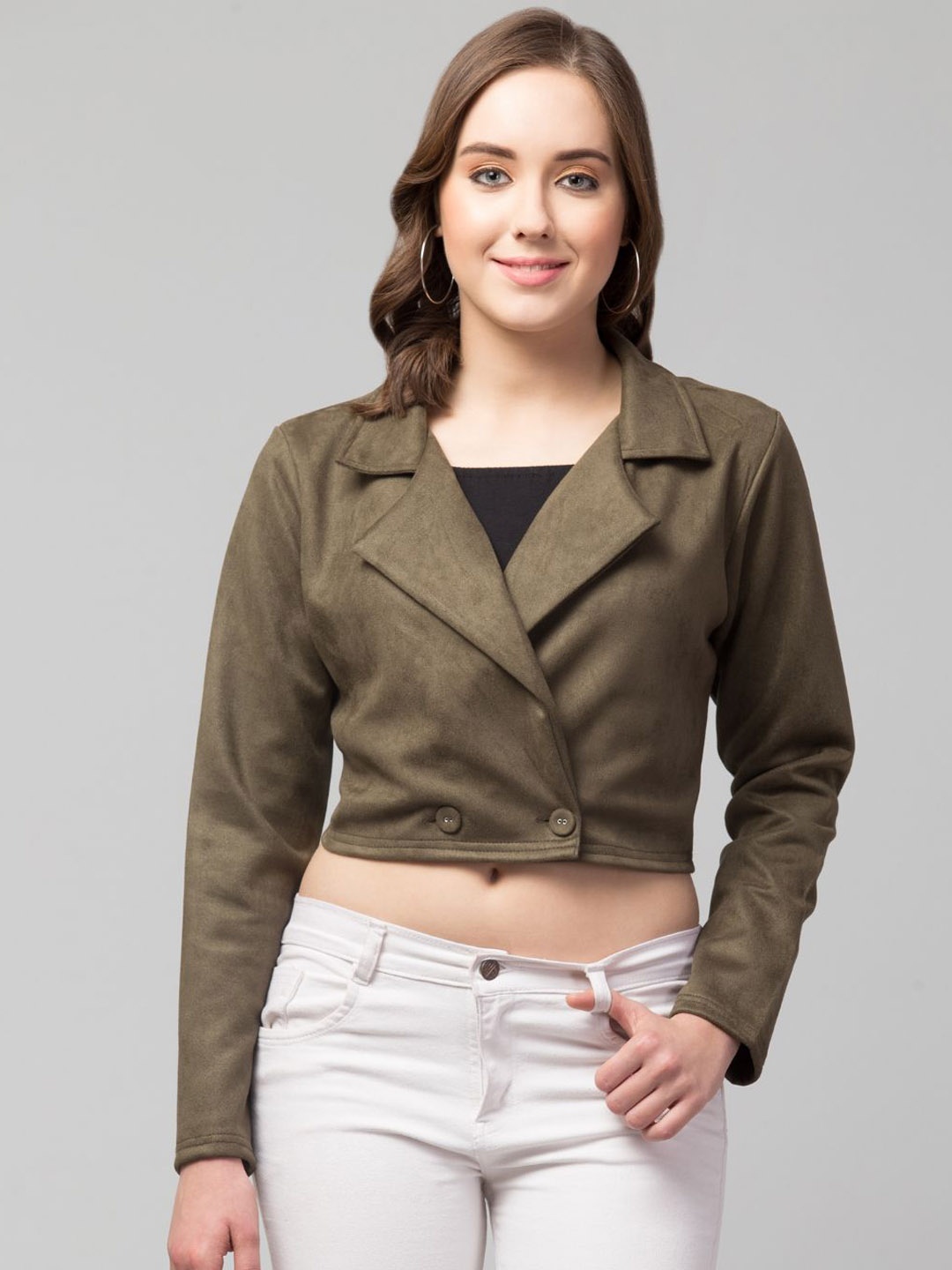 

GalaxyTrendz Women Suede Windcheater Crop Tailored Jacket, Green