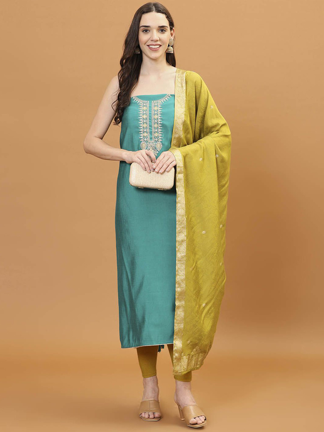 

Meena Bazaar Floral Embroidered Sequinned Unstitched Dress Material, Sea green