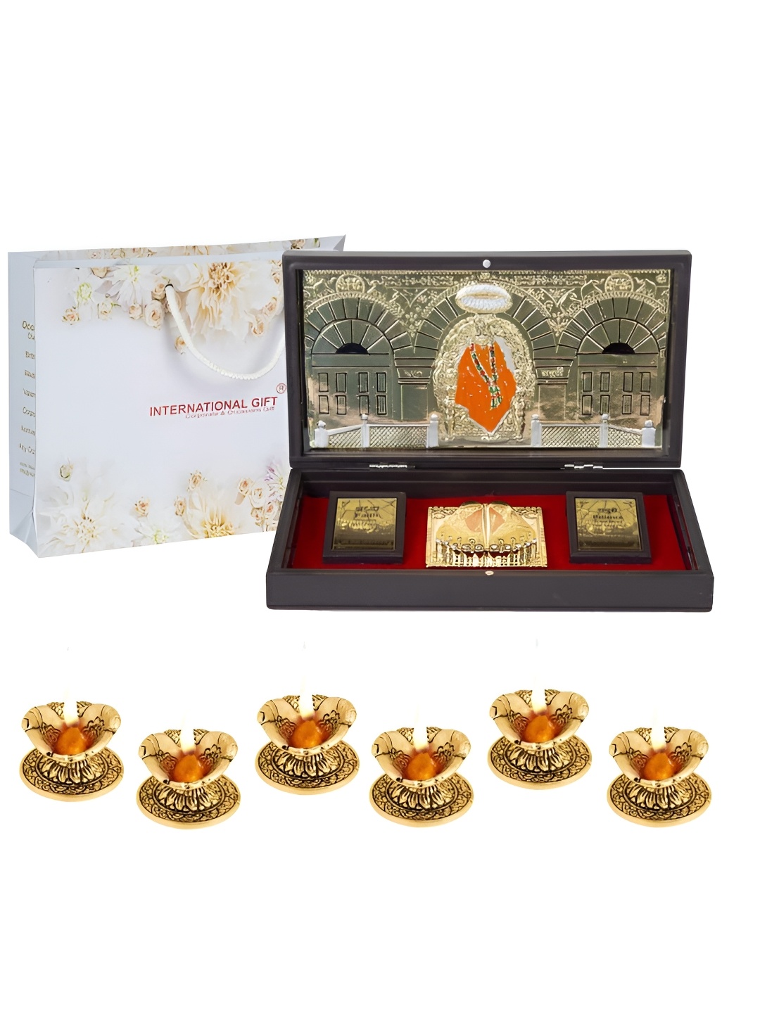 

INTERNATIONAL GIFT Gold-Toned Metal Idol Sai Baba Charan Paduka with 6 Diya Showpiece