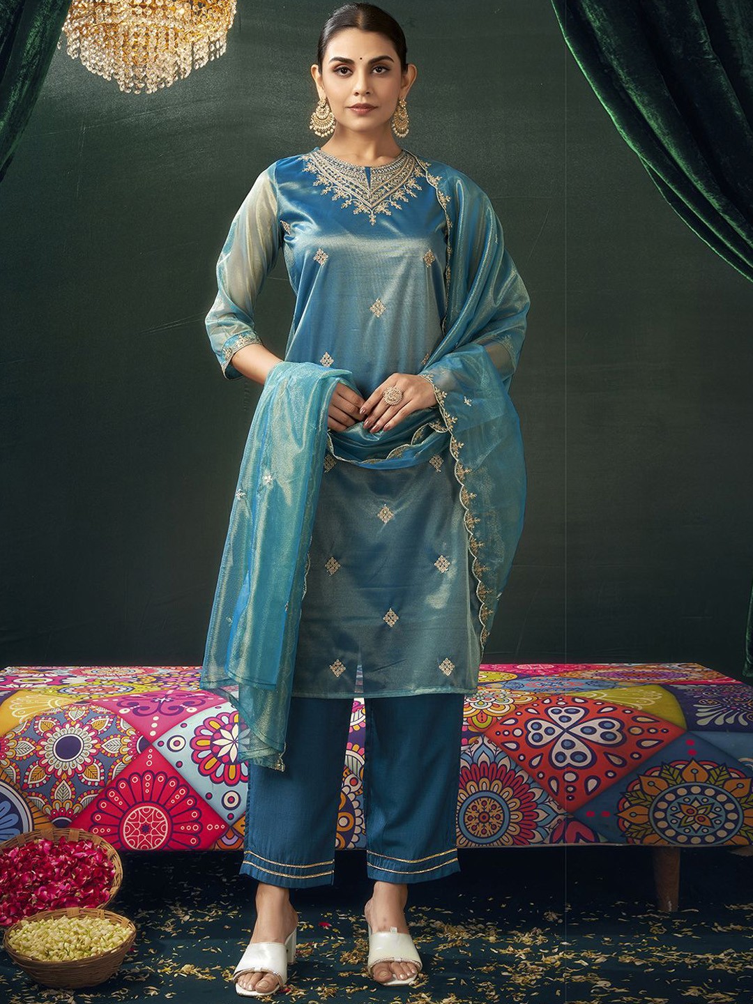 

SKYLEE Blue Ethnic Motifs Embroidered Sequinned Kurta With Trousers & Dupatta