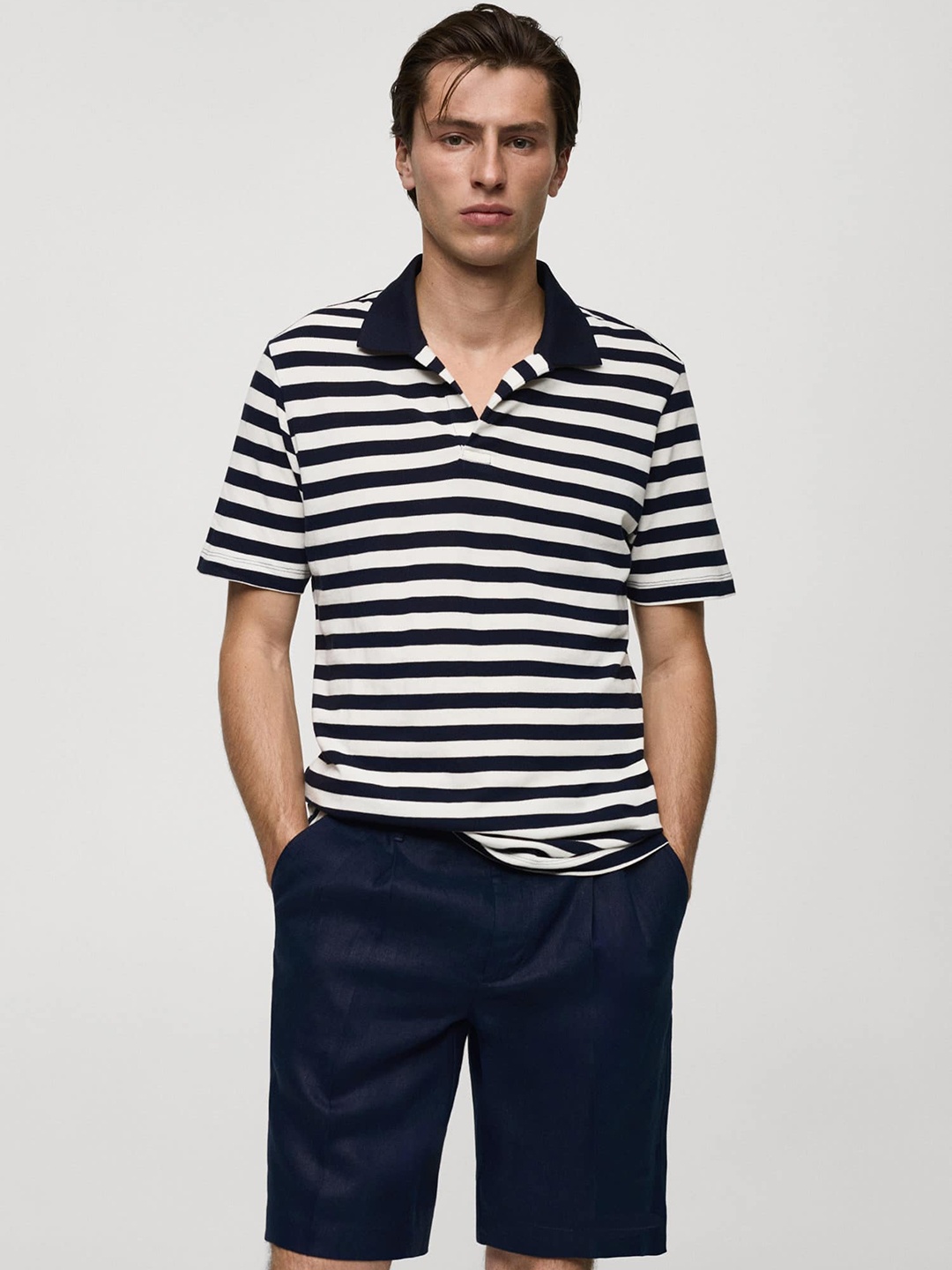 

MANGO MAN Striped V-Neck T-shirt, Navy blue