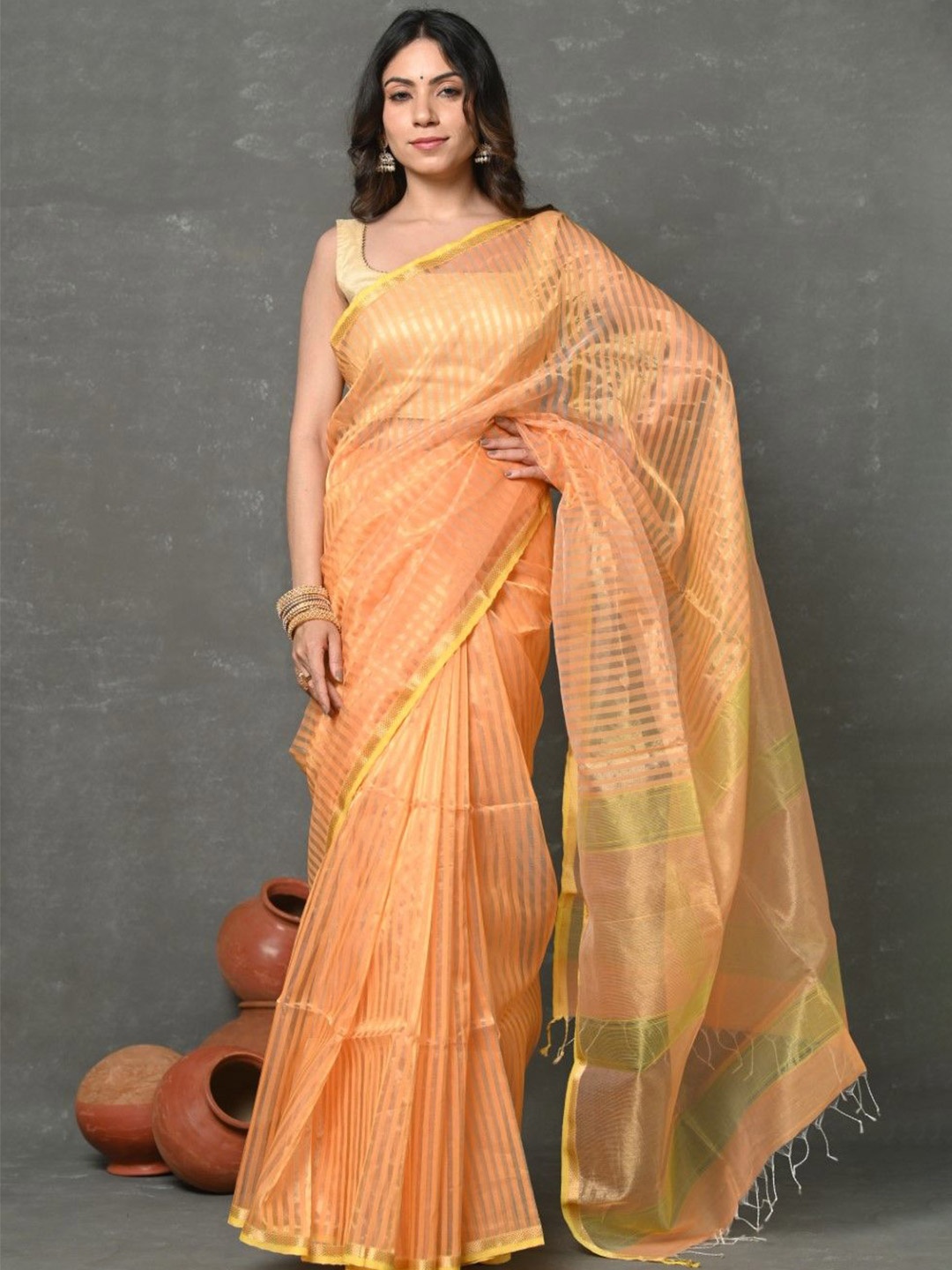 

Very Much Indian Striped Zari Paithani Saree, Peach