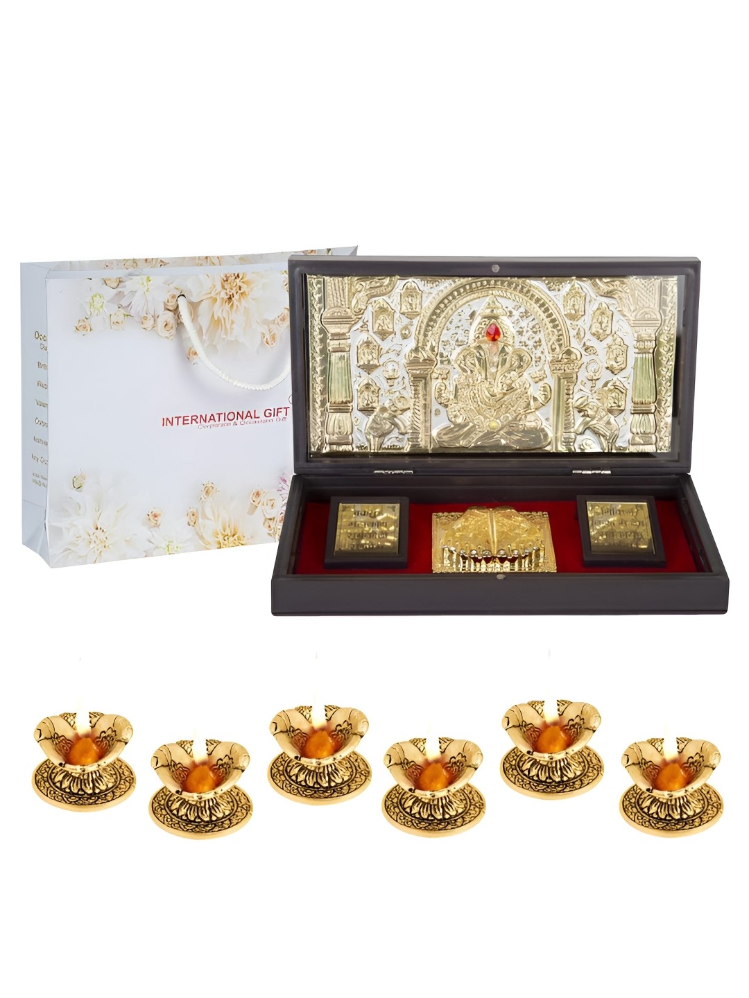 

INTERNATIONAL GIFT Gold-Toned Lord Ganesh Charan Paduka Box with 6 Hand Diya
