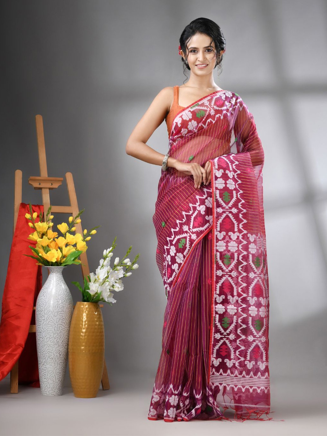 

Charukriti Woven Design Kantha Work Pure Silk Saree, Purple