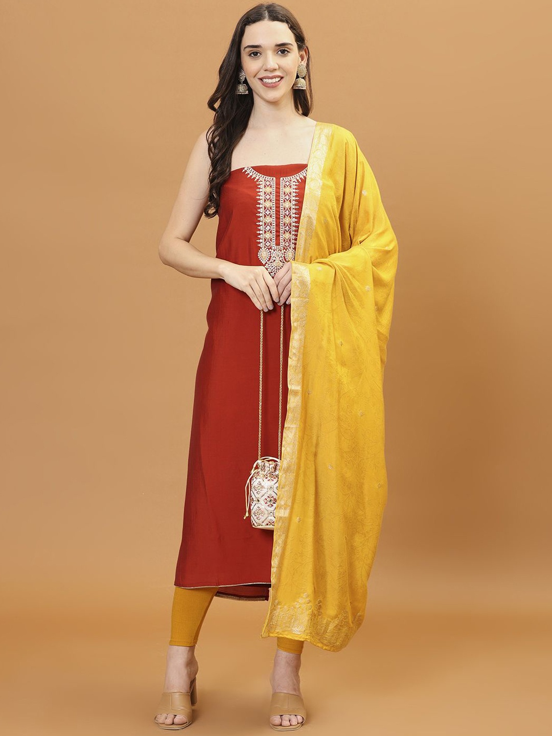 

Meena Bazaar Floral Embroidered Sequinned Unstitched Dress Material, Red