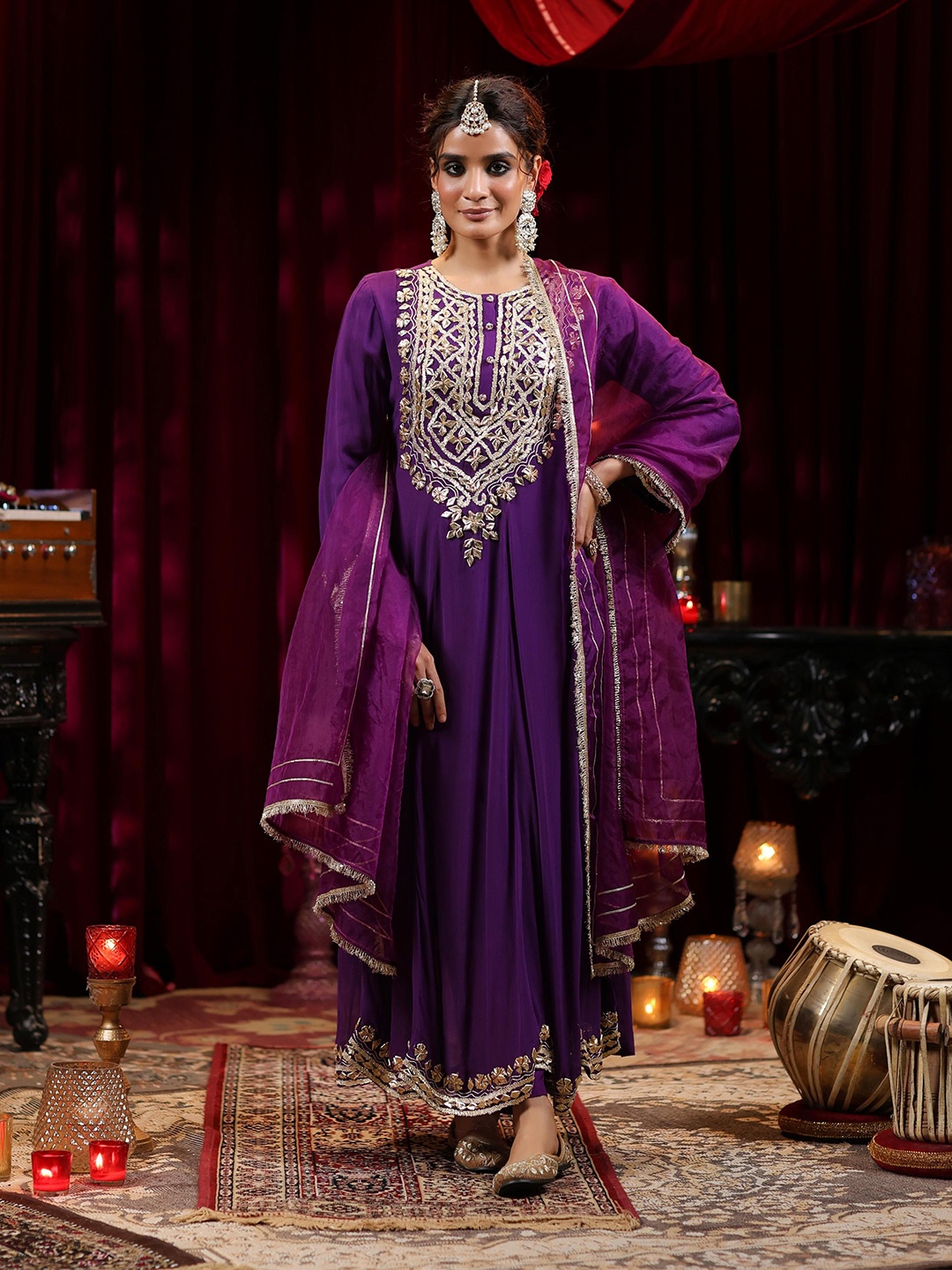 

SCAKHI Ethnic Motifs Embroidered Gotta Patti Anarkali Kurta With Trousers & Dupatta, Purple