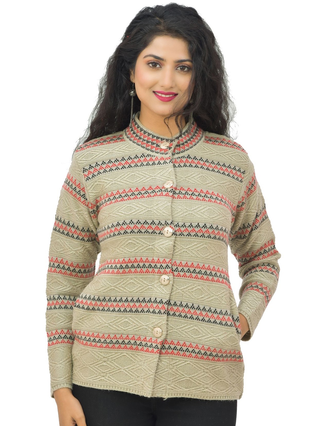 

BAISA Women Striped Printed Cardigan, Khaki