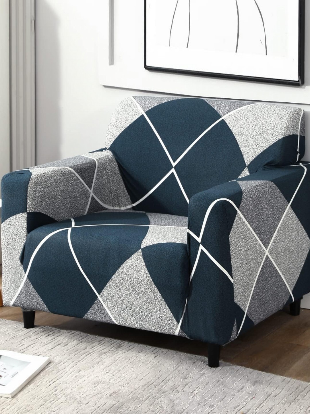 

B BESTILO Blue & Grey Geometric Printed Single Seater Sofa Cover With Arms