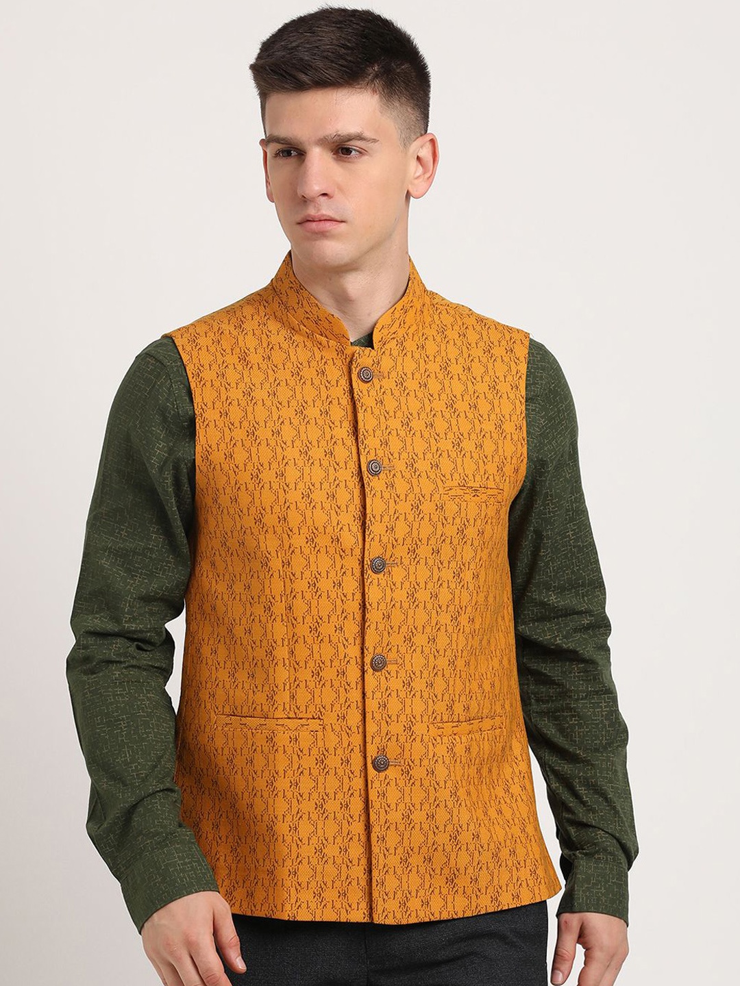 

Turtle Printed Mandarin Collar Nehru Jacket, Yellow