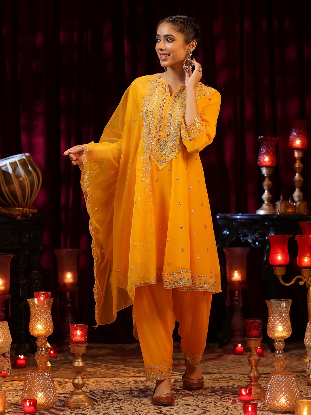 

SCAKHI Ethnic Motifs Embroidered Panelled Sequinned Georgette Kurta With Salwar & Dupatta, Yellow