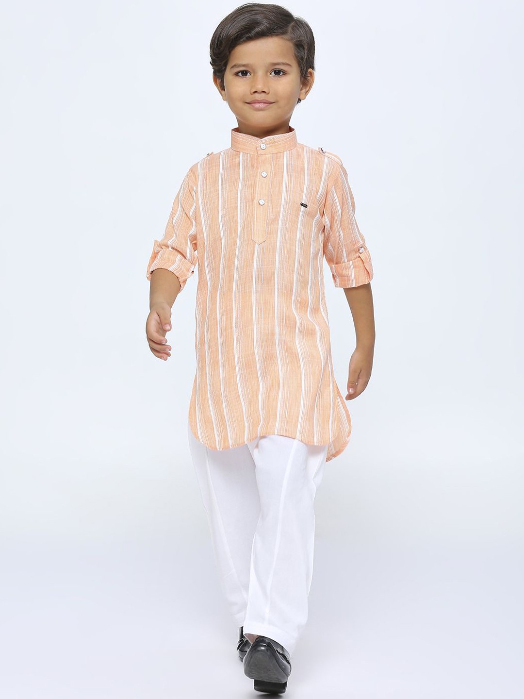 

YK Boys Striped Mandarin Collar Roll-Up Sleeves Pathani Kurta with Pyjamas, Orange