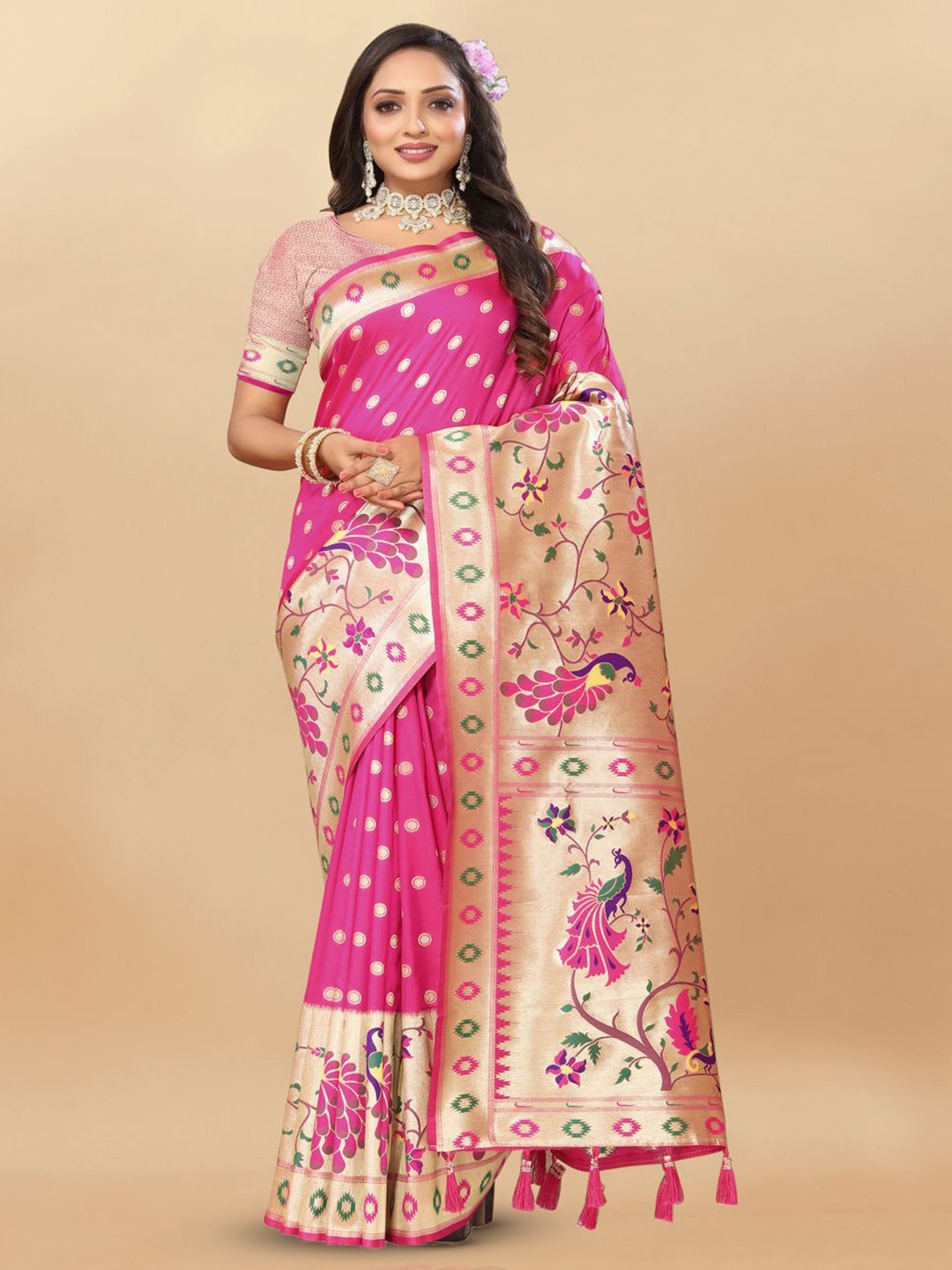 

MOKSHA DESIGNS Ethnic Motifs Woven Design Zari Pure Silk Paithani Saree, Pink