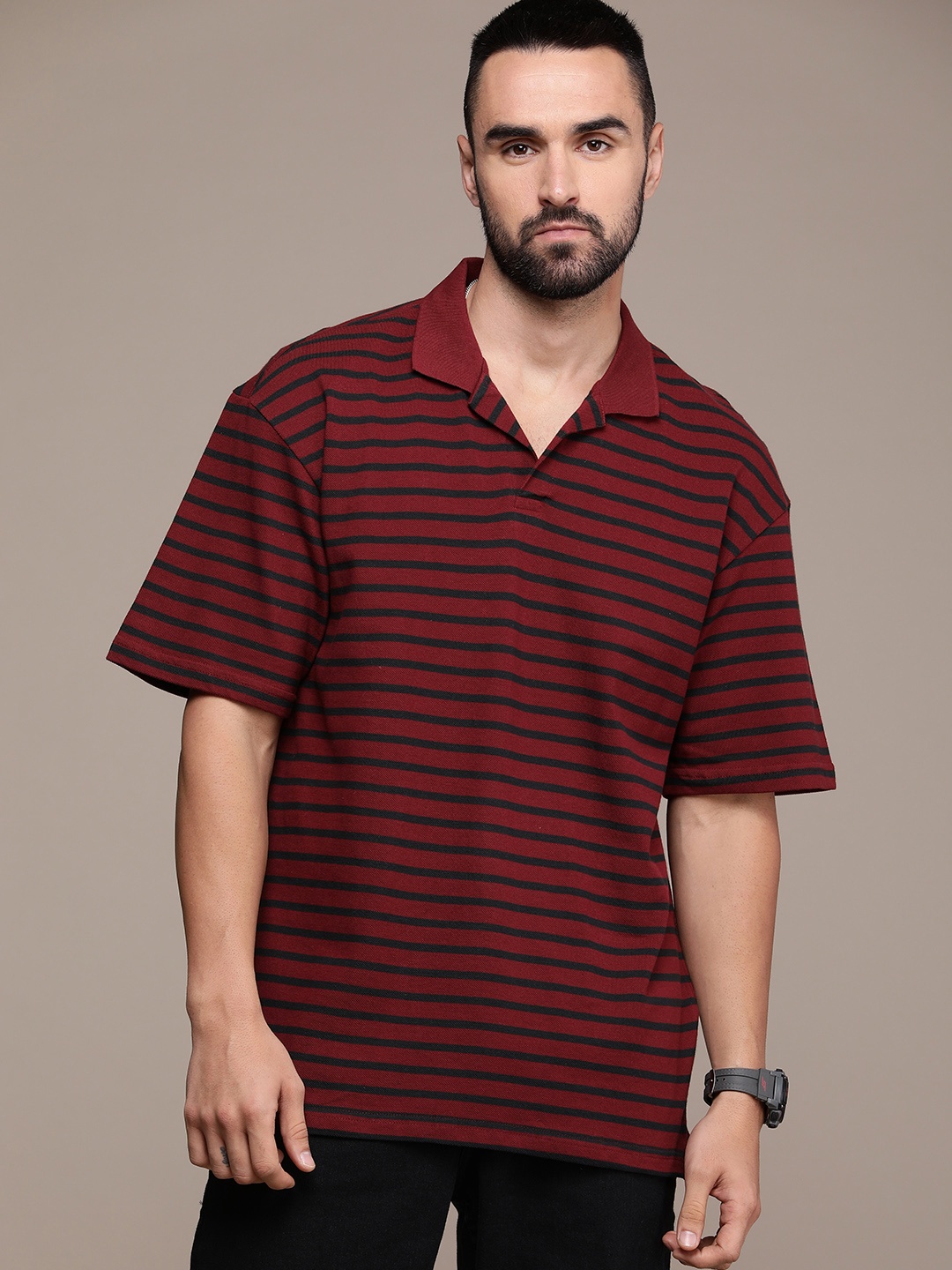 

The Roadster Life Co. Striped Polo Collar Pure Cotton Relaxed Fit T-shirt, Maroon