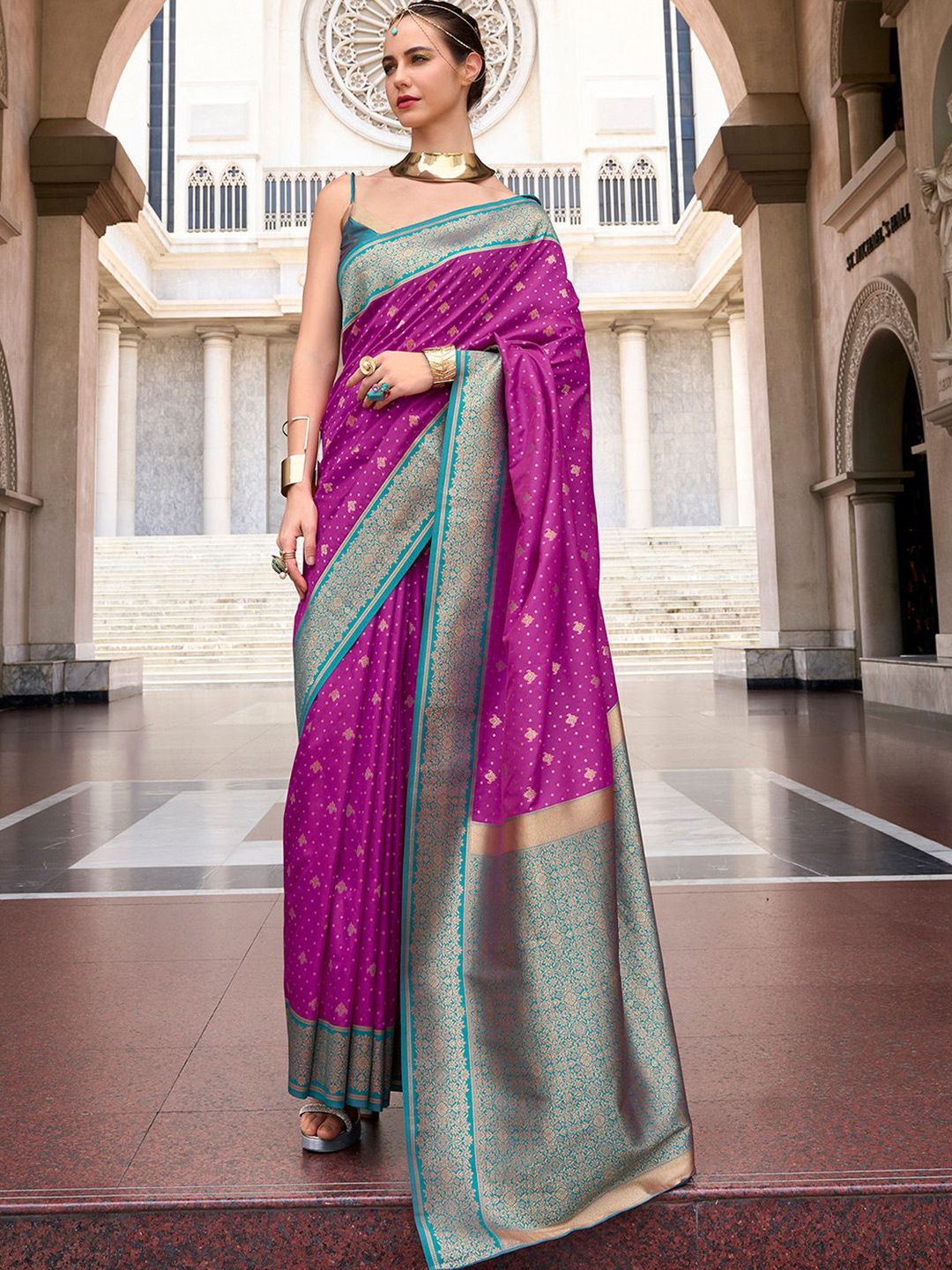 

Satrani Woven Design Zari Pure Silk Kanjeevaram Saree, Pink