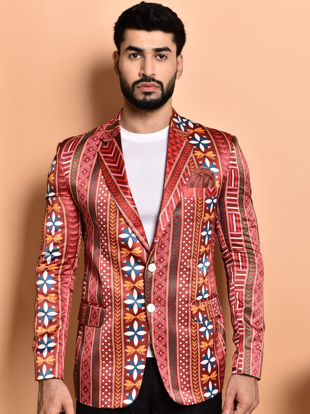 

PRINTCULTR Printed Single-Breasted Casual Blazer, Red