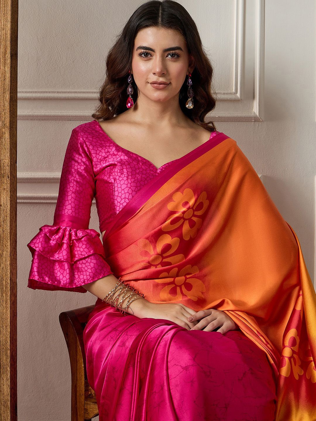 

Sangria Printed Saree With Blouse Piece, Pink