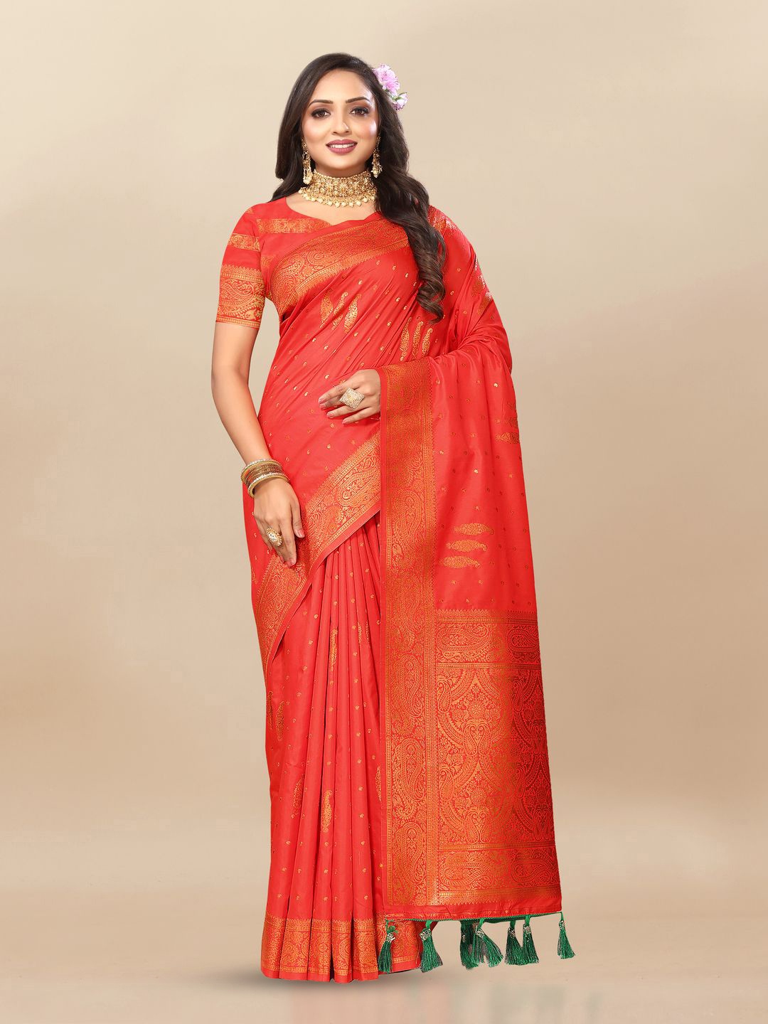 

MOKSHA DESIGNS Woven Design Zari Pure Silk Banarasi Saree, Red