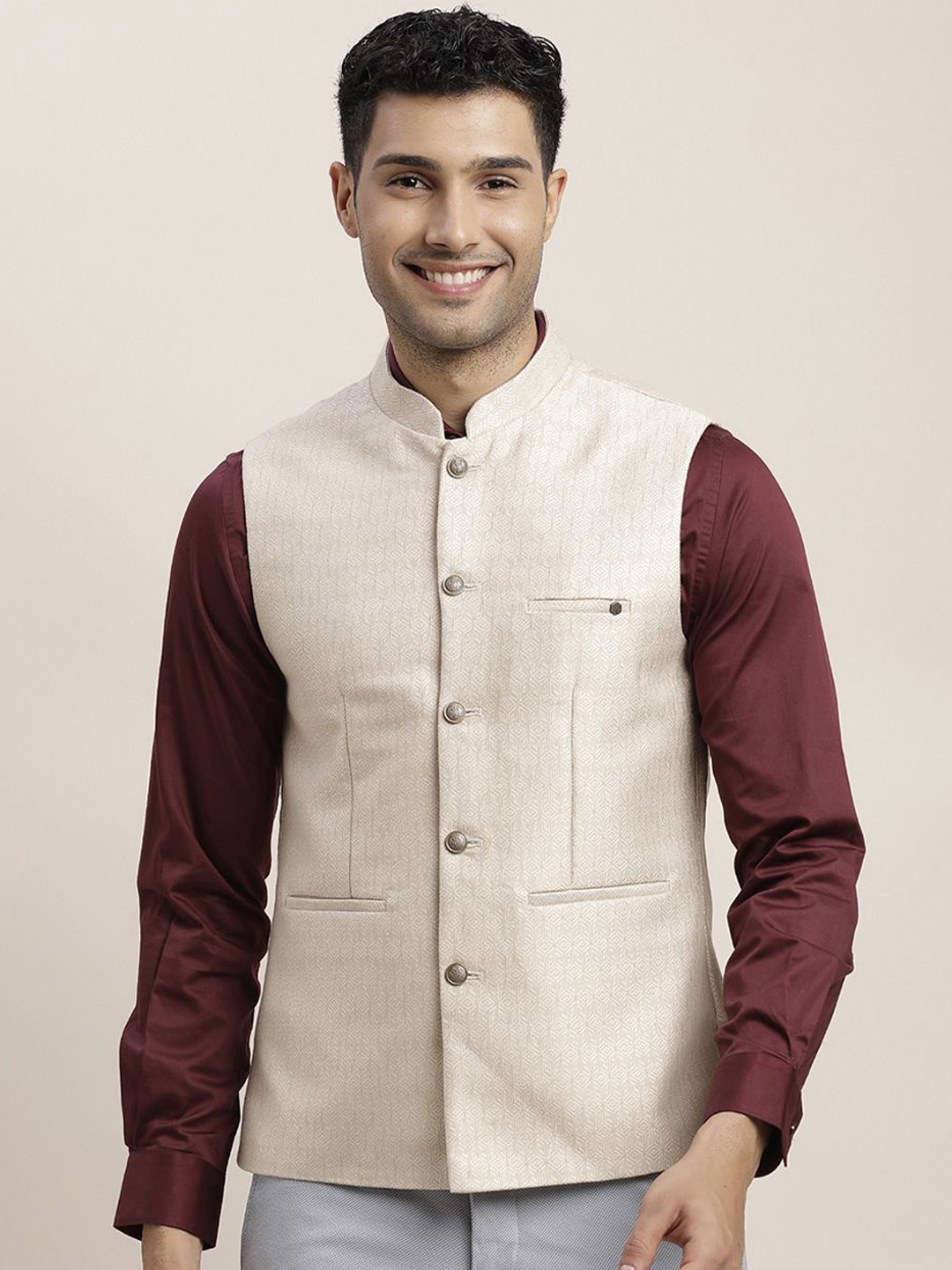 

Turtle Woven-Design Slim-Fit Woven Nehru Jackets, Grey
