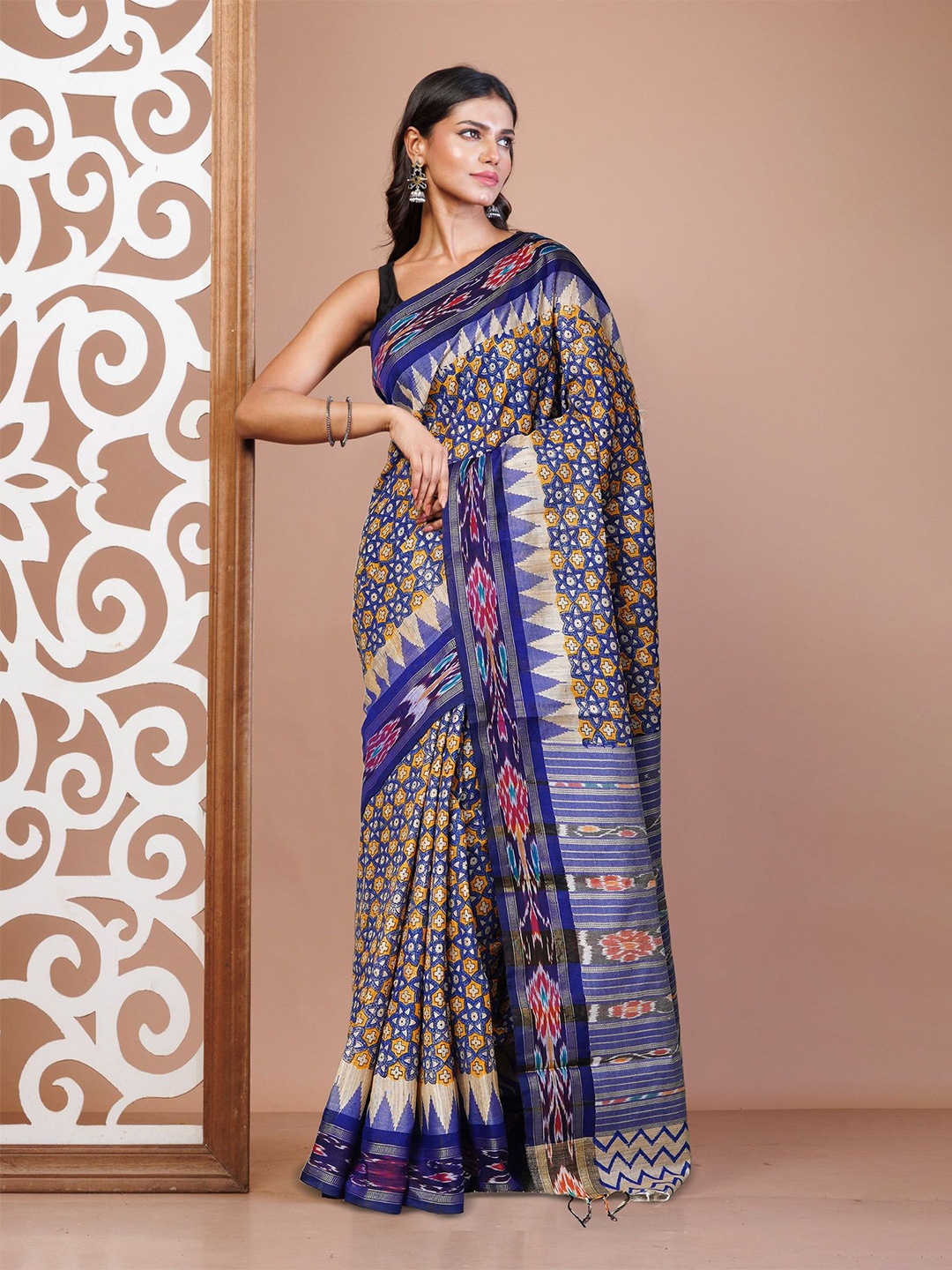 

Unnati Silks Ethnic Motifs Zari Pure Silk Handloom Tussar Saree, Blue