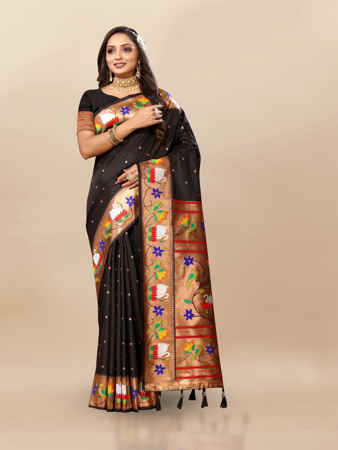 

MOKSHA DESIGNS Ethnic Motifs Woven Design Zari Pure Silk Paithani Saree, Black