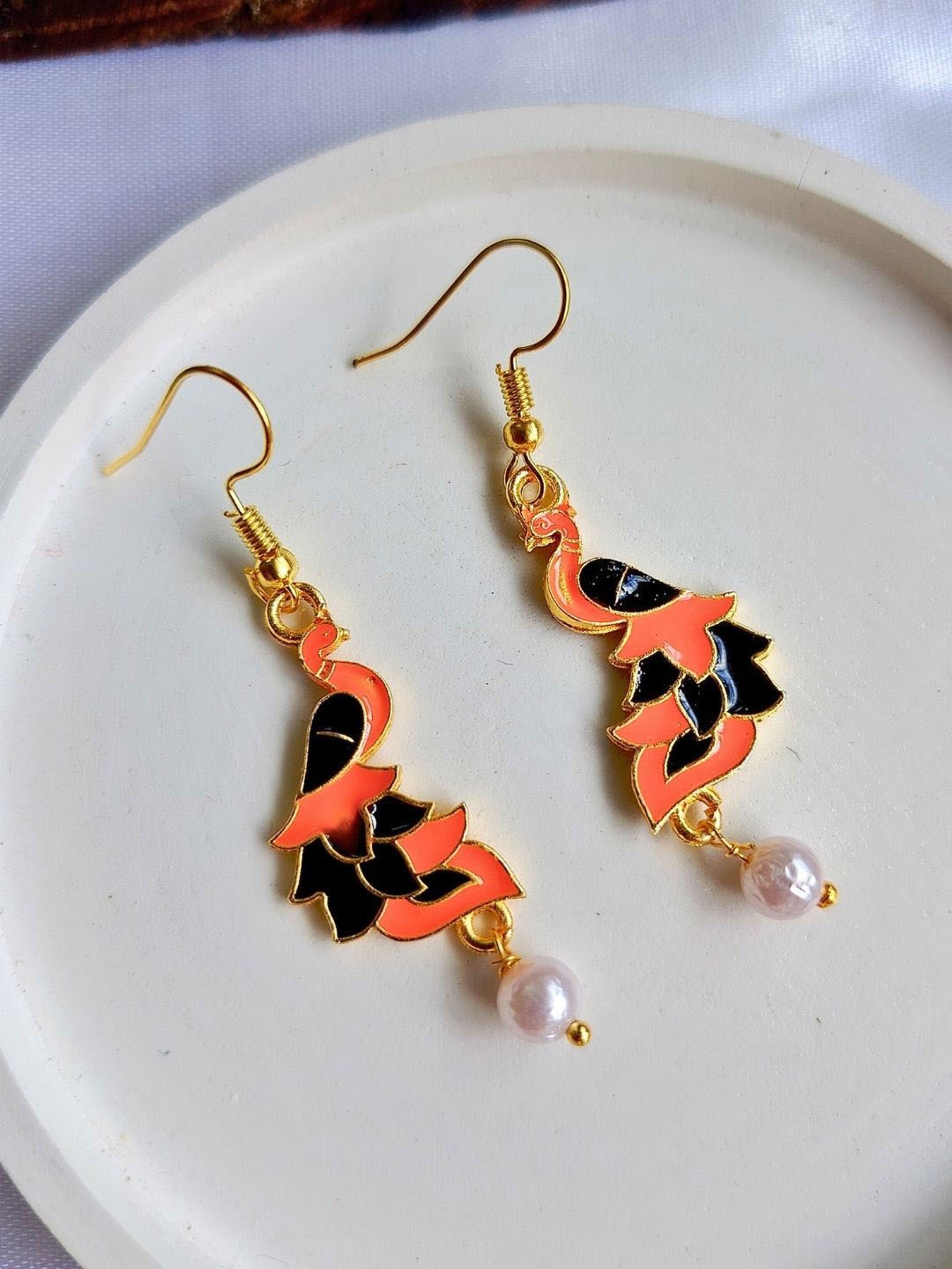 

Sangria Gold-Plated Meenakari Peacock Shaped Beaded Drop Earrings