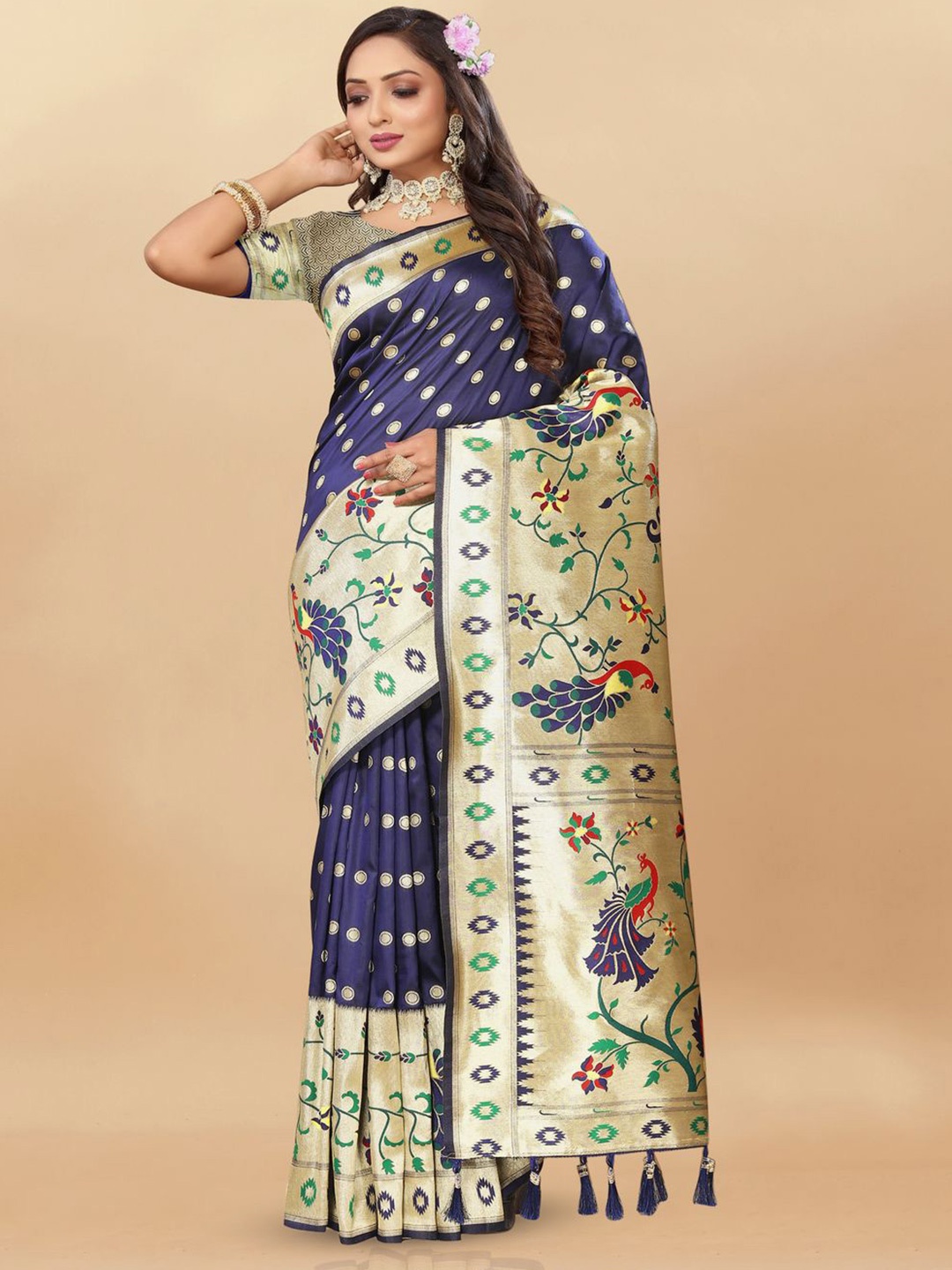 

MOKSHA DESIGNS Ethnic Motifs Zari Pure Silk Paithani Saree, Navy blue