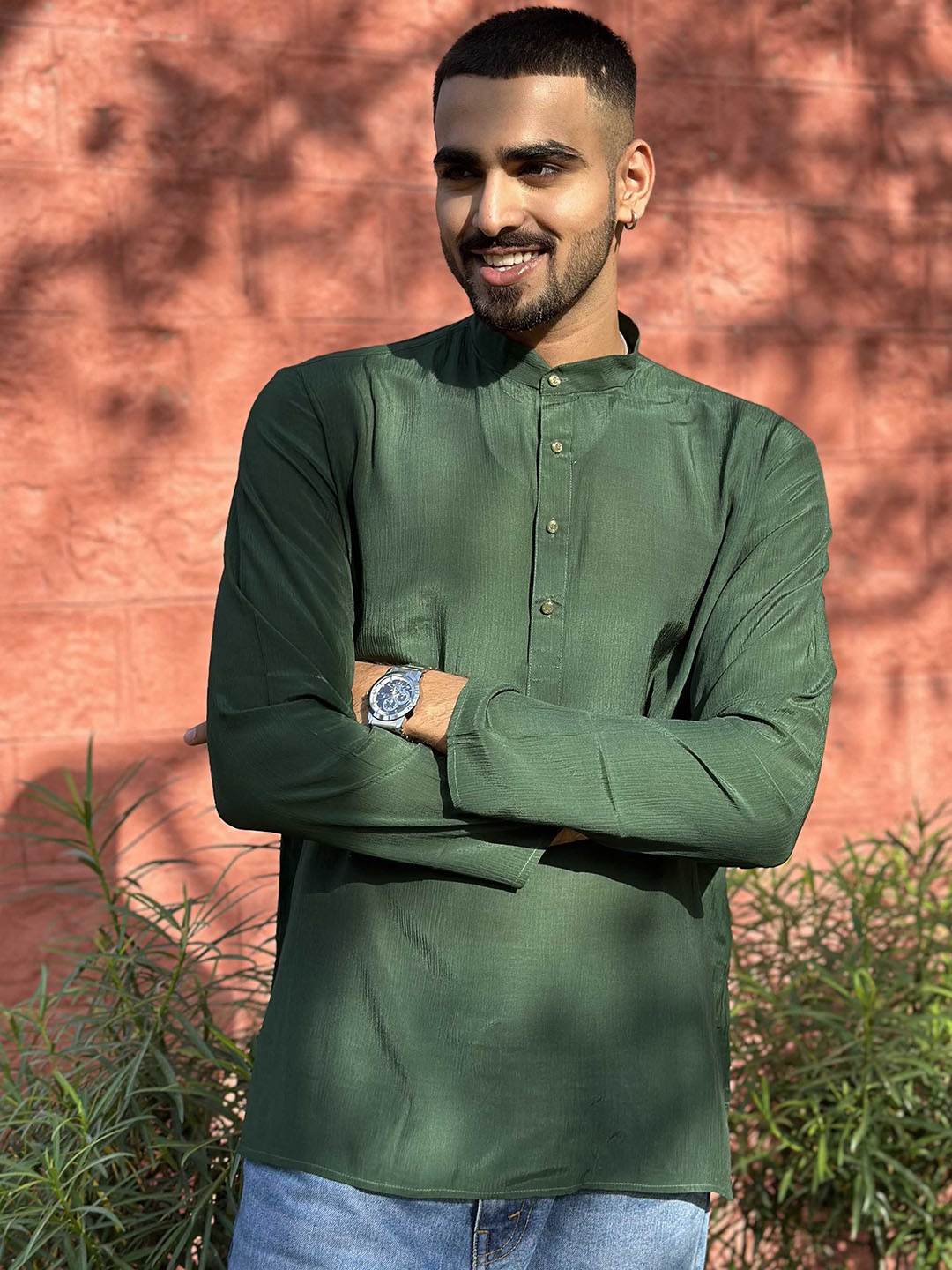

Ethnic India Band Collar Straight Short Kurta, Green